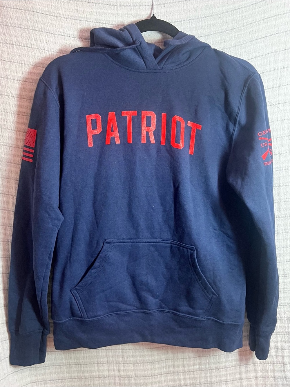 Grunt Style Men's Navy Crewneck Hoodie with Red 'PATRIOT' Lettering